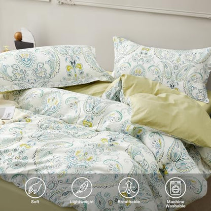 SAPHREAS Light Green Paisley Duvet Cover Set Full Size 3pcs Soft Cotton Vintage Bohemian Bedding Comforter Cover Set, 1 Duvet Cover 80"x90" and 2 Pillow Shams 20"x26"