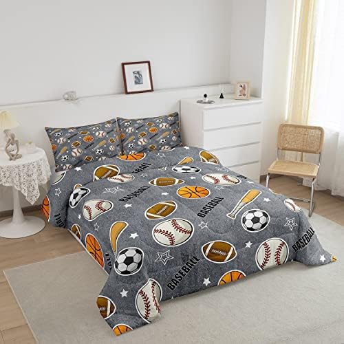 Boys Ball Sports Themed Comforter Set Full Size Baseball Bat Soccer and American Football Bedding Set 3pcs Kids Teens Cartoon Grey Quilt Set Ball Sports Games Duvet Insert Modern Bedroom Decor