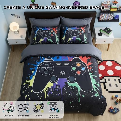 Twin Comforter Set for Boys -5 Pieces Black Gamer Bedding Twin Bedding Sets