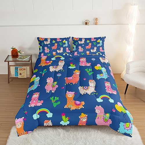 HOSIMA Kids Cute Llama Bed in a Bag King Size Comforter Set,Cartoon Rainbow Alpaca Comforter with 2 Pillowcases,Animal Bedding Sets for Children Room Decor,Blue Toddler Bedding Set for Boys Girls.