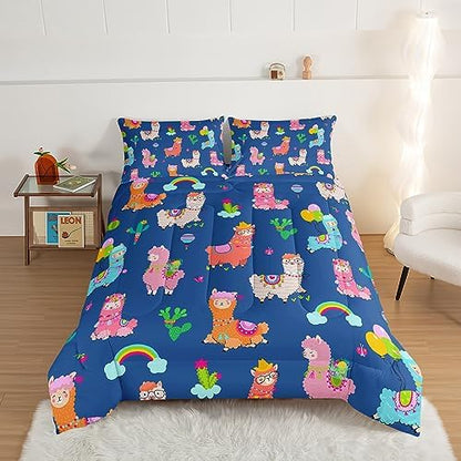 HOSIMA Kids Cute Llama Bed in a Bag King Size Comforter Set,Cartoon Rainbow Alpaca Comforter with 2 Pillowcases,Animal Bedding Sets for Children Room Decor,Blue Toddler Bedding Set for Boys Girls.