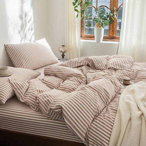 FOSSA Striped Duvet Cover Set 100% Washed Cotton Linen Feel King