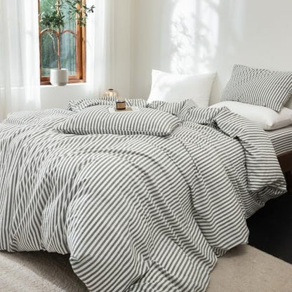 FOSSA Striped Duvet Cover Set 100% Washed Cotton Linen Feel Oversized King