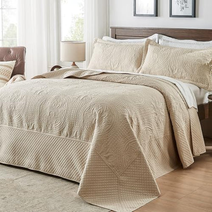 Qucover Oversized King Bedspread 128x120, Soft Microfiber California King Quilt Set, 3 Piece Extra Large King Bed Spreads, Ultrasonic Quilting Vintage Pattern Coverlet, Beige