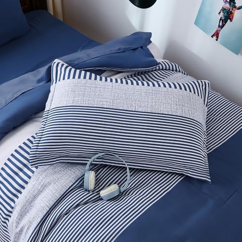 Cottolester Twin Size Comforter Navy Blue Striped Comforters for Boys&Girls,5 Pieces Bed in A Bag Simple Neutral-Style Bedding Sets for Kids Teen