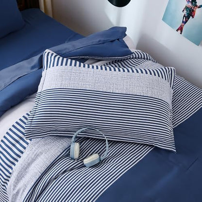 Cottolester Twin Size Comforter Navy Blue Striped Comforters for Boys&Girls,5 Pieces Bed in A Bag Simple Neutral-Style Bedding Sets for Kids Teen