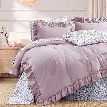 BLOOMHAVEN Full Size Comforter Sets-7 Pieces Ruffle Bedding Floral Sheet