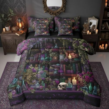 Erosebridal Gothic Skull 7 Piece Bedding Set King Vintage Witchy Comforter Set with Sheets Spooky Magic Bookshelf Bed in a Bag Black Retro Wizard Mysterious Cool Bed Sets Comforter