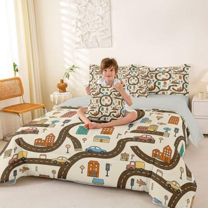 Erosebridal 7 Pcs Cartoon Car Kids King Bedding Set Cityscape City Car Comforter Set with Sheets for Boys Teens Men Funny House Building Road Map Bed in A Bag Modern Transportation Vehicle Bed Sets