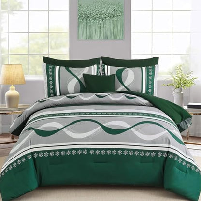 Anibedding Dark Green Comforter Set Full Size,8 Pieces Striped Bed in a Bag