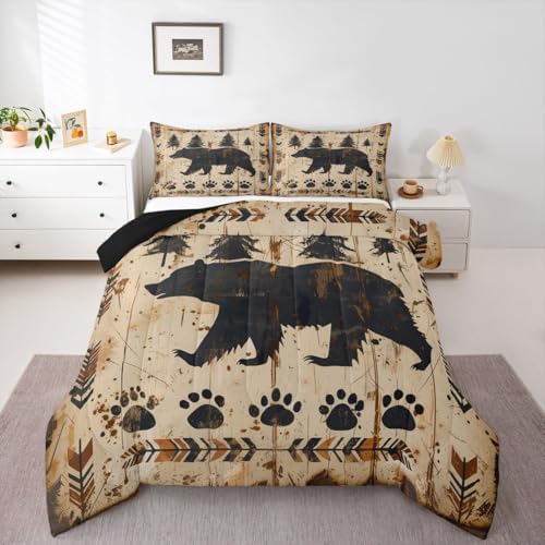 jejeloiu Bear Comforter Set Queen Size Wild Animal Bedding Set for Kids Boys Girls Rustic Cabin Country Duvet Quilt Bedroom Decor Microfiber 3 Pcs with 2 Pillow Cases