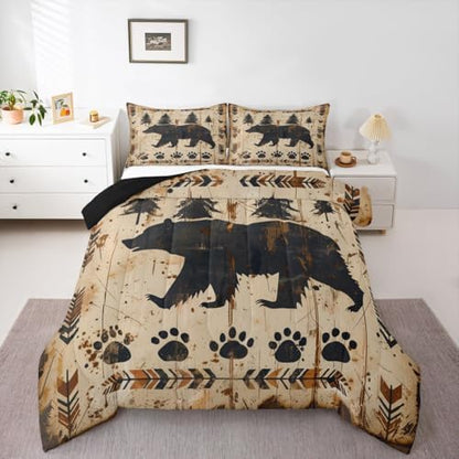 jejeloiu Bear Comforter Set Queen Size Wild Animal Bedding Set for Kids Boys Girls Rustic Cabin Country Duvet Quilt Bedroom Decor Microfiber 3 Pcs with 2 Pillow Cases