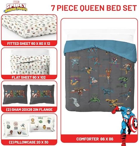 Marvel Comics Avengers Queen Comforter Set 7 Piece Soft Bedding, Gray