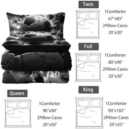 Nttopship Soccer Bedding Comforter Set Queen Size for Kids Teens and Adults, Black and White Football Printed Bedding Sets 3 PCS,Ball Sports Themed Bedroom Decor with 1 Comforter and 2 Pillowcases