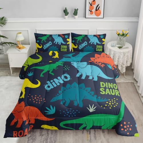 Axolotl Boys Cartoon Dinosaur Comforter Bedding Set,Cute Dinosaur Bedding Set for Boys Girls,Colorful Dino Animal Kids Comforter for Teens Kids Adults All Season,1 Quilt 2 Pillow Cases King Size