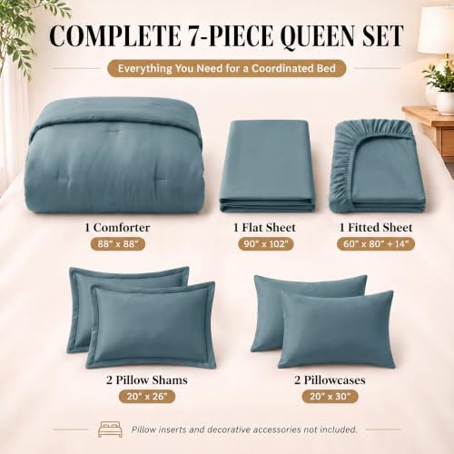 CozyLux Queen Comforter Set Mineral Blue, 7 Pieces Bed in a Bag