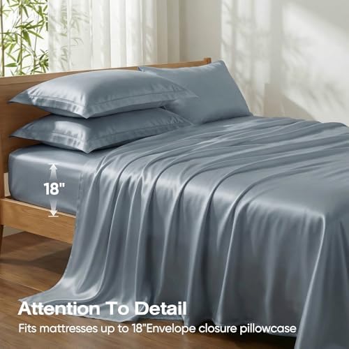 100% Real Bamboo Viscose & Lyocell Tencel Sheets Set Queen Size | Breathable & Cooling for Hot Sleeper | Luxury Silky Soft Fabric | 18" Deep Pocket with Corner Straps (French Blue, Queen)