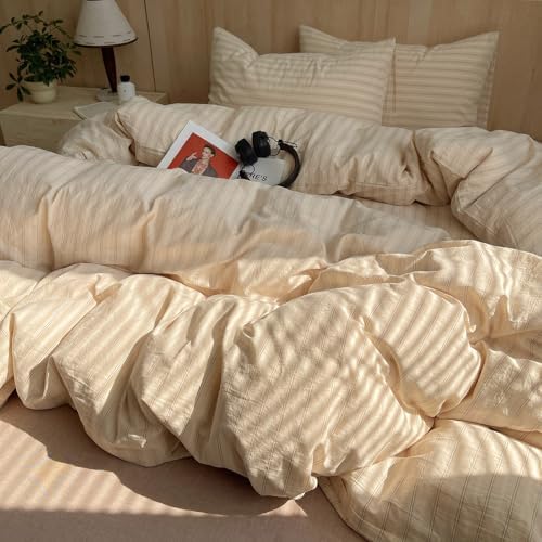 mixinni Retro Striped Duvet Cover Set Twin Size - 100% Washed Cotton Beige Duvet Cover with Black White Stripes, Soft Breathable 3 Piece Comforter Cover with Zipper Closure & Corner Ties