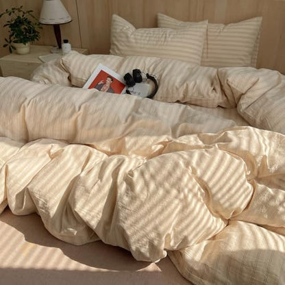 mixinni Retro Striped Duvet Cover Set Full Size - 100% Washed Cotton Beige Duvet Cover with Black White Stripes, Soft Breathable 3 Piece Comforter Cover with Zipper Closure & Corner Ties