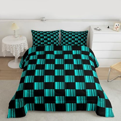 Checkered Kids Comforter Set Queen Size Abstract Ombre Bedding Set Modern Geometric Teal Blue Black Duvet Quilt for Kids Boys Girls Bedroom Cute Neutral Aesthetic Plaid Decor
