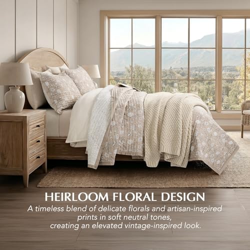 EverGrace 100% Cotton Floral Quilt Set, Queen Size, Sandstone Beige 92"×96"
