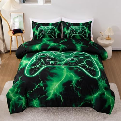 Meeting Story Boys Full Size Comforter Set, 3D Game Controller Design Gamer Comforter Set, Polyester Fiber Boys Bedding for Kids Teens,Suitable for All Seasons(Green)