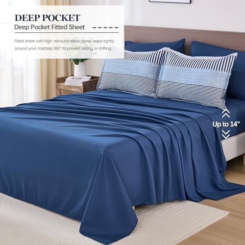 Cottolester Full Size Comforter Navy Blue Striped Comforters for Boys&Girls,7 Pieces Bed in A Bag Simple Neutral-Style Bedding Sets for Kids Teen