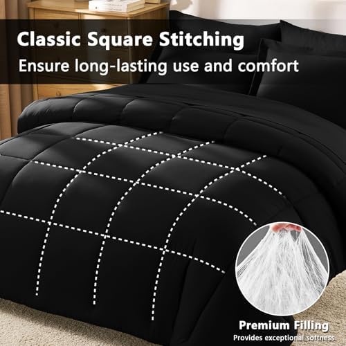CozyLux Queen Comforter Set Black - 7 Pieces Bed in a Bag Queen, All Season Soft Bedding Set, Oeko-Tex Certified Bed Set with Down Alternative Comforter, Sheets, Pillowcases & Pillow Shams (Pack of 2)