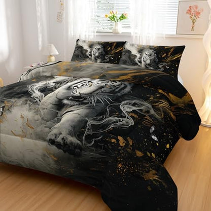 Nttopship White Tiger Comforter Set Queen Size，White Tiger Wild Animal 3 Pcs Bedding Set for Men Women Adults，3D Wildlife Animals Room Decor Ultra Soft with 1 Comforter and 2 Pillowcase