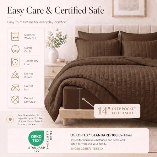 CozyLux California King Comforter Set 7-Piece Brown Seersucker Bed in a Bag