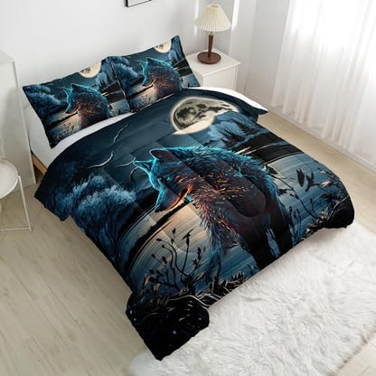 Nttopship Moon Wolf Comforter Set Queen Size, Wolf Night Moon Bedding Set 3 Piece for Kids Teens,Wild Animals Bedding Sets Soft Microfiber Comforter Sets for All Season