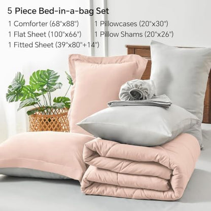 BEDELITE Twin XL Comforter Set 5 Pieces, Reversible Dusty Pink Bed in A Bag