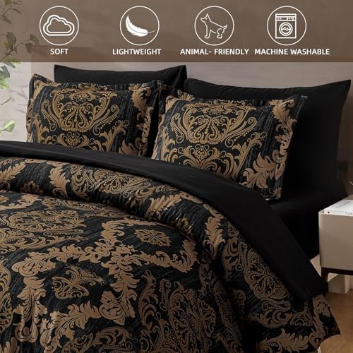 WONGS BEDDING Black Comforter Set Full Size, Gold Damask Texture 7 Pieces Bed in a Bag Microfiber Comforter Bedding Sets -1 Comforter, 1 Flat Sheet, 1 Fitted Sheet, 2 Pillow Shams, 2 Pillowcases