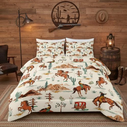 Brown Western Cowboy Comforter Set Full Size for Boys, Vintage Shabby Chic Bedding, Cozy Boho Country Style Bedding for Teen Boys, Rustic Western Themed Bedroom Decor