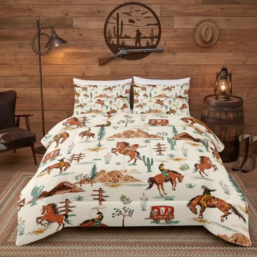 Brown Western Cowboy Comforter Set Queen Size for Boys, Vintage Shabby Chic Bedding, Cozy Boho Country Style Bedding for Teen Boys, Rustic Western Themed Bedroom Decor