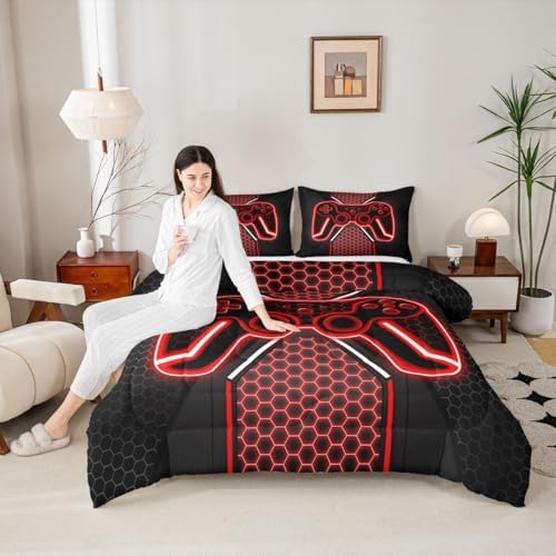 Feelyou Red and Black Bedding Set Queen Size Gamer Comforter Set for Kids Game Controller Comforter Teens Honeycomb Duvet Set