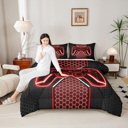 Feelyou Red and Black Bedding Set Queen Size Gamer Comforter Set for Kids Game Controller Comforter Teens Honeycomb Duvet Set