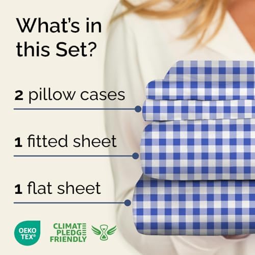 Cal King 4 Piece Striped Sheet Set - Breathable & Cooling - Blue Gingham