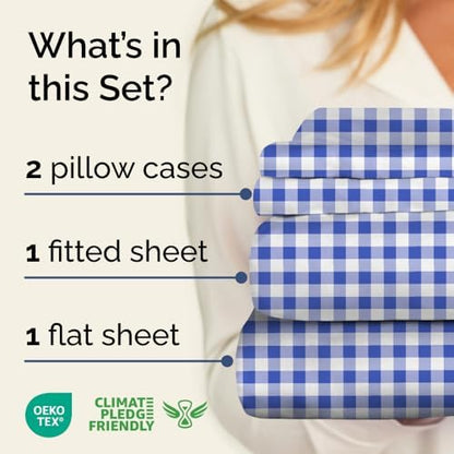 Cal King 4 Piece Striped Sheet Set - Breathable & Cooling - Blue Gingham