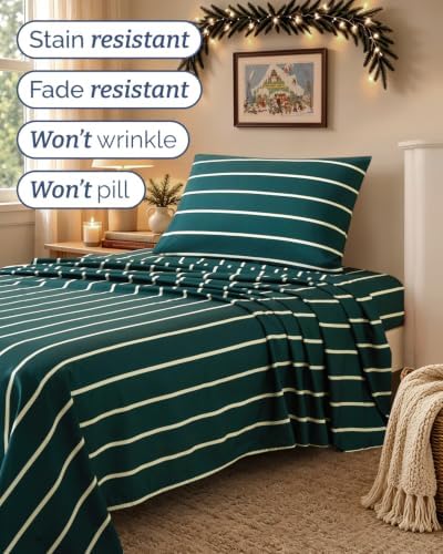 Christmas Sheet Set, Pine Stripe, Holiday Xmas Bedding Set - Twin Size
