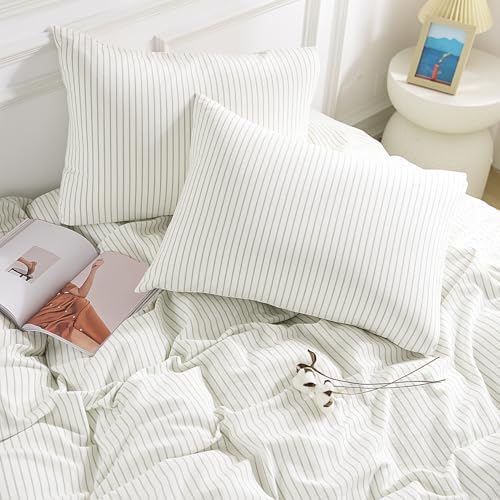 NEXHOME PRO Striped Duvet Cover Oversized Queen,100% Washed Cotton Bedding Set,Textured Linen Feel,Breathable,Organic,3 Piece(Green Stripes 98x98)