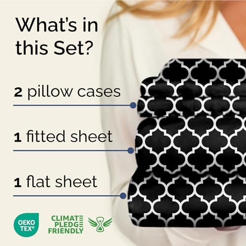 King 4 Piece Striped Sheet Set - Breathable & Cooling - Black Quatrefoil