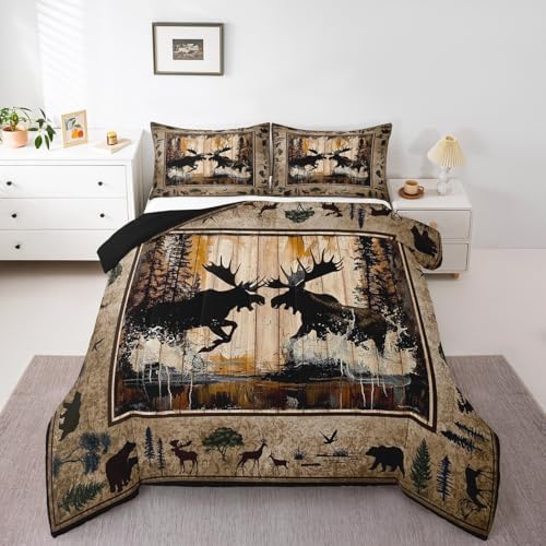 Feelyou Cute Moose Comforter Set for Girls Boys Kids King Size Wildlife Decor Comforter Room Decorative Rustic Cabin Country Bedding Set Nature Wild Duvet Set 3Pcs Quilt Set
