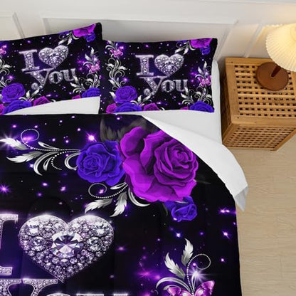 Purple Floral Twin Size Comforter Set for Girls，Silver Diamond Pattern Bedding Set，with 1 Comforter with 2 Pillow Case，Diamond Room Decor for Bedroom