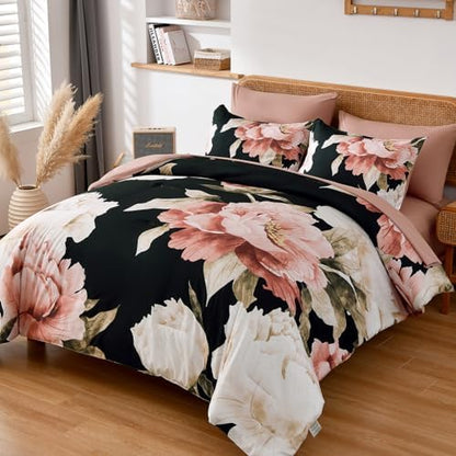 Dobuyly Black Twin Comforter Set 5 Piece Bed in a Bag, Pink Floral Printed on Black Comforter Set with Sheets, Soft Microfiber Botanical Flower Twin Bedding Set for All Season