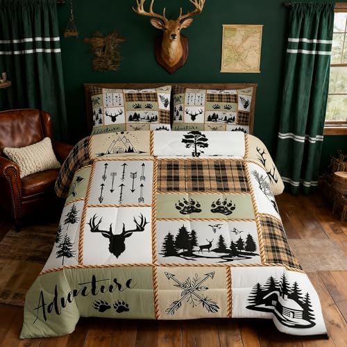 Camper Adventure Kids Comforter Set Full Size,Deer Antlers Bear Paws Farmhouse Bedding Set for Boys Girls Adults Room Decor,Arrows Plaids Patchwork Down Comforter,Rustic Duvet Insert,2 Pillowcases