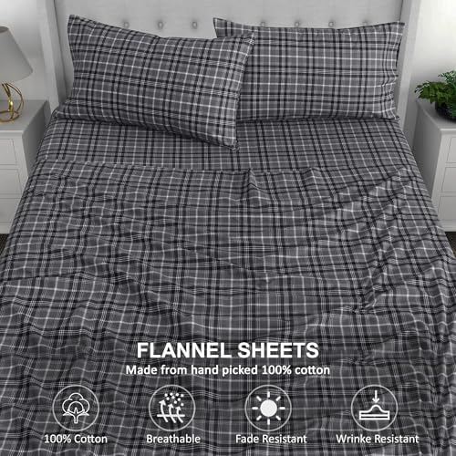 RUVANTI 100% Cotton Flannel Sheets Twin Size, Grey Plaid