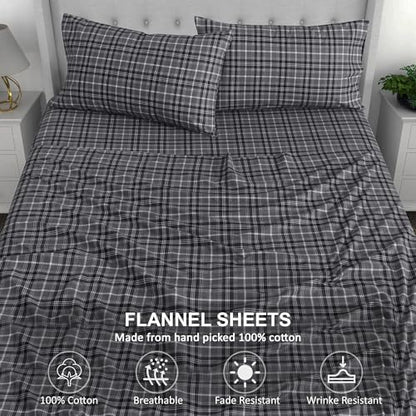RUVANTI 100% Cotton Flannel Sheets Twin Size, Grey Plaid