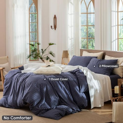 MooMee Striped Duvet Cover Set 100% Washed Cotton Linen Like Queen