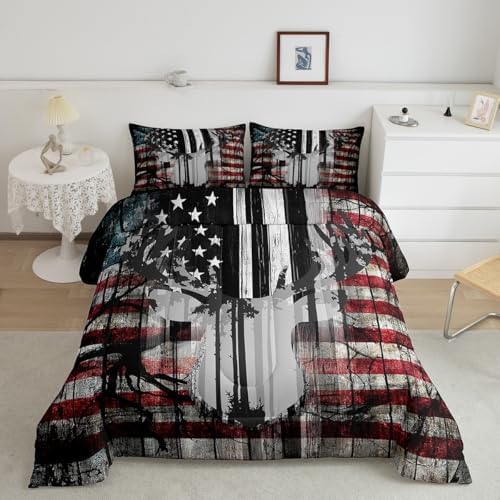 Feelyou American Flag Deer Antlers Bedding Set Hunting Camping Comforter Set for Kids Boys Girls USA Flag Comforter Tree Branch Inner Fill Duvet Set 1 Comforter Set with 2 Pillowcases Full Size